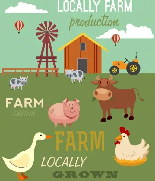 farm products banner colored cartoon retro design