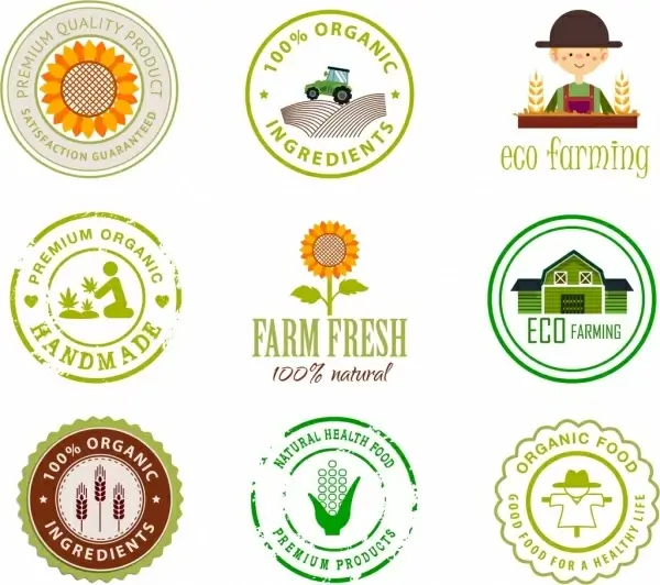 farm products logotypes various flat shapes isolation