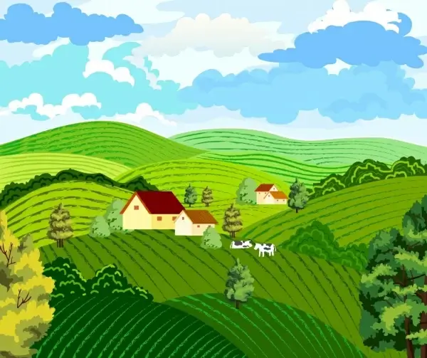 farming background hill landscape design colored cartoon