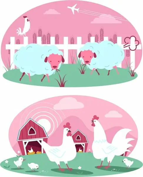 farming background templates cattle poultry icons pink decor