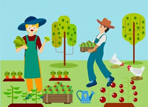 farming background woman man vegetable icons colored drawing