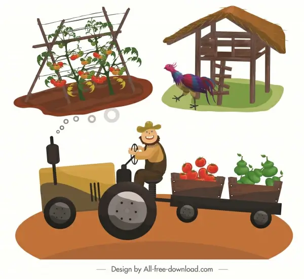 farming icons agriculture products chicken coop farmer sketch