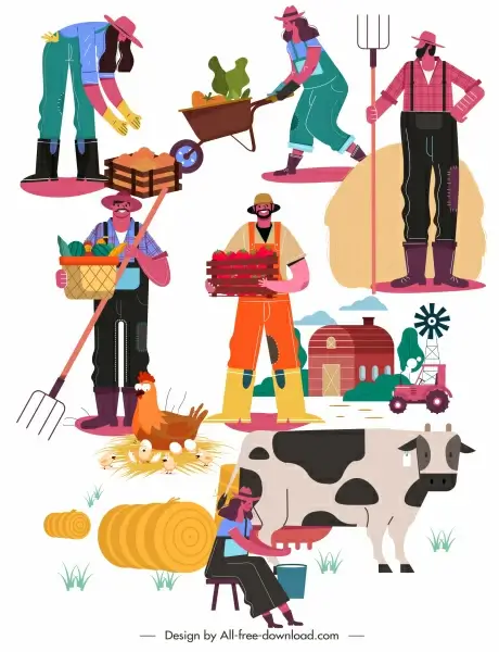 farming icons colorful cartoon sketch