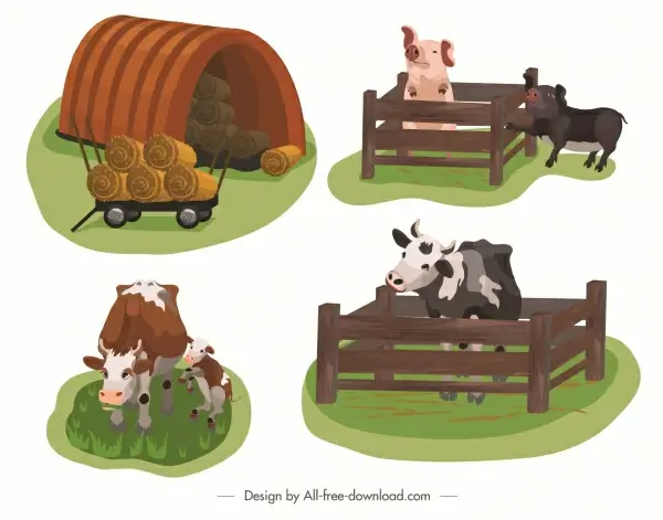farming icons cow pig straw sketch cartoon design