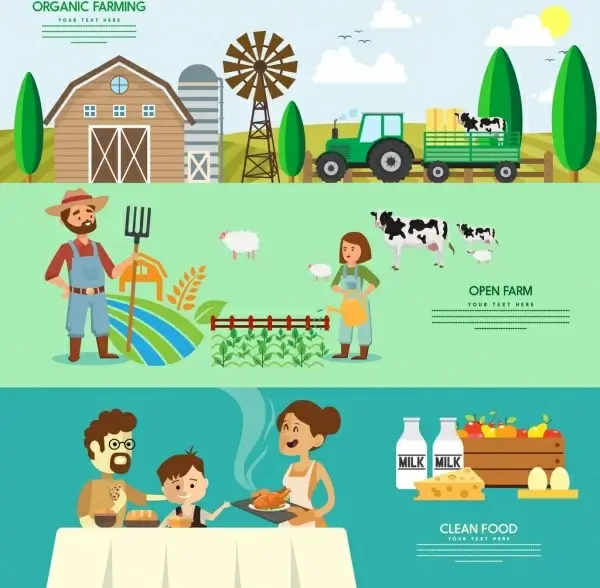 farming products banner multicolored cartoon design
