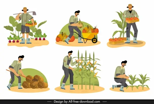 farming work icon cartoon characters sketch