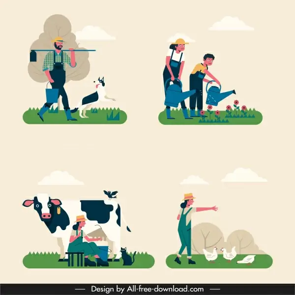 farming work icons classical design cartoon characters sketch