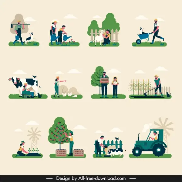 farming work icons colored cartoon design