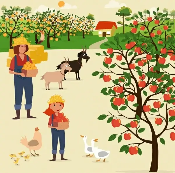 farming work theme poultry cattle fruit harvesting icons