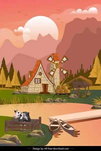 farmland scene background colorful cartoon decor