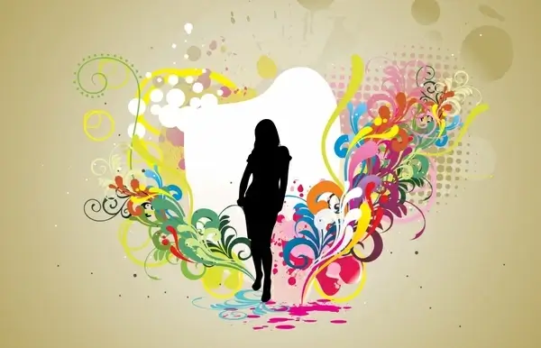beauty fashion background woman silhouette colorful floral elements