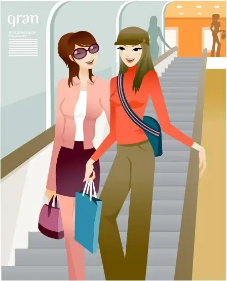 fashion background young women stairway icons colored cartoon