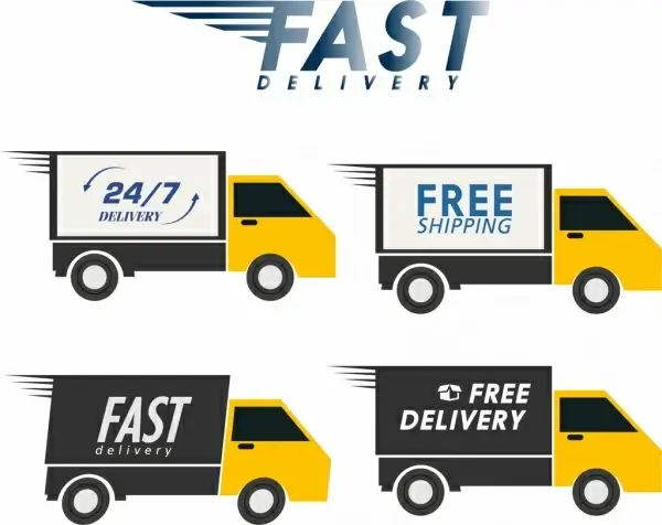 fast delivery advertisement yellow trucks icons ornament