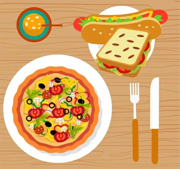 fast food advertisement pizza hotdog sandwich icons decoration
