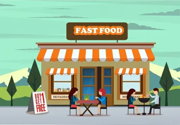 fast food advertising drawing store outdoor diners icons