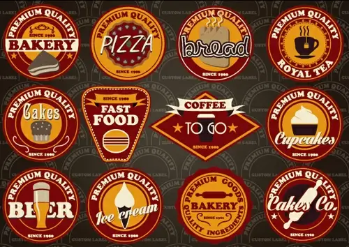 fast food and drink different colored labels vector