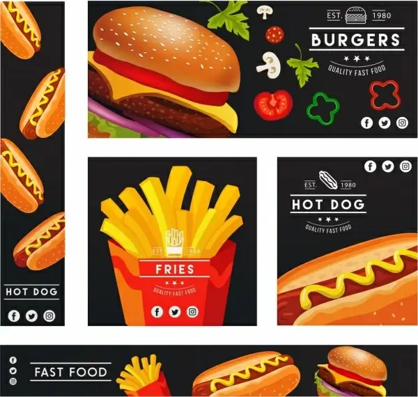 fast food banners sets colorful 3d icons decor
