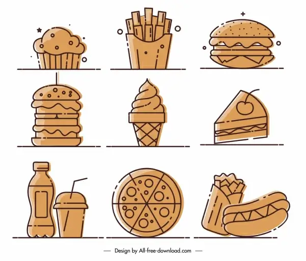 fast food icons classic flat handdrawn sketch 