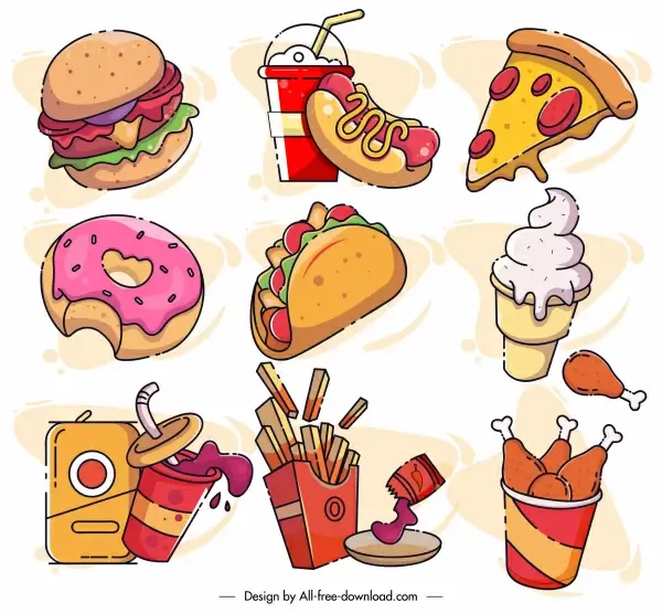 fast food icons dynamic colorful classical handdrawn sketch