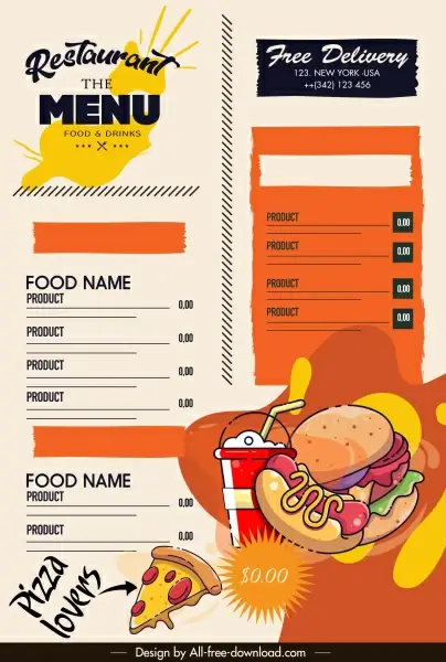 fast food menu template colorful retro design