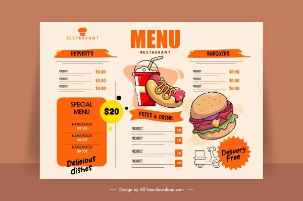 fast food menu template flat handdrawn retro design