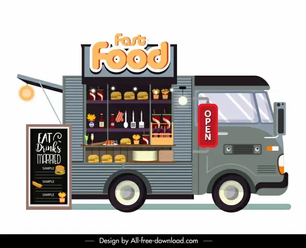 fast food truck icon convenient store colorful flat