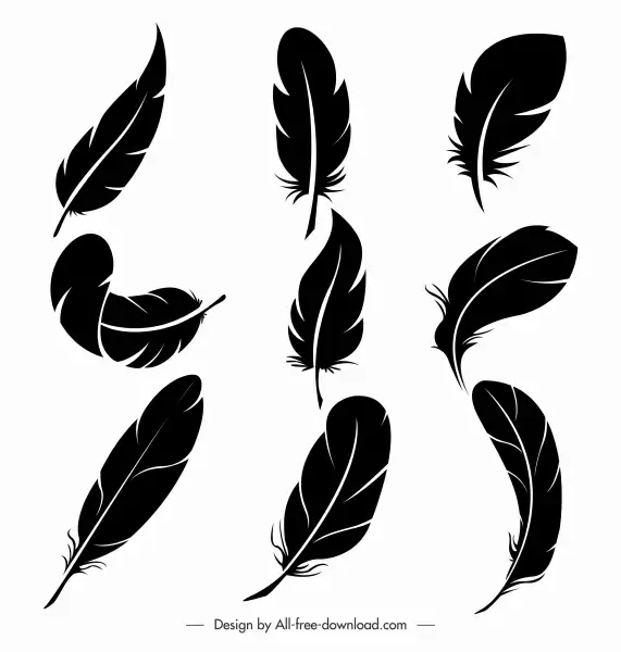 feathers icons black silhouettes handdrawn sketch