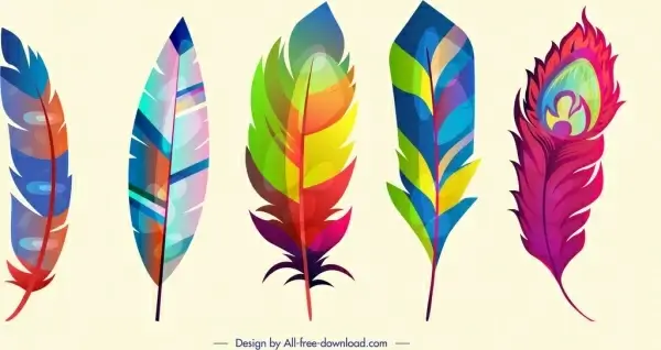 feathers icons multicolored design fluffy vertical sketch