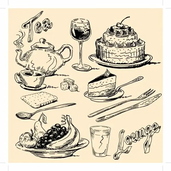 meal design elements retro black white handdrawn sketch