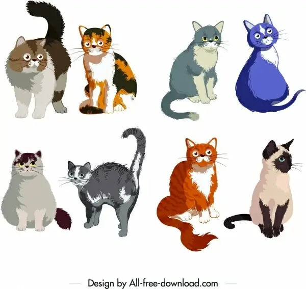 feline icons collection cute colored cartoon sketch 
