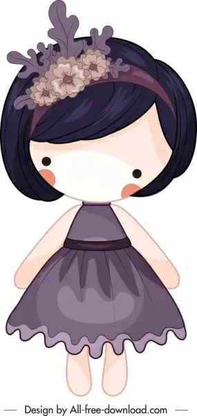 female doll icon violet dress decor cute cartoon sketch