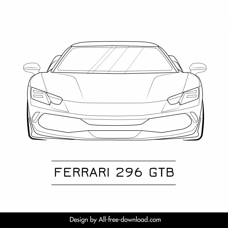 ferrari 296 gtb car model icon flat black white handdrawn front view outline