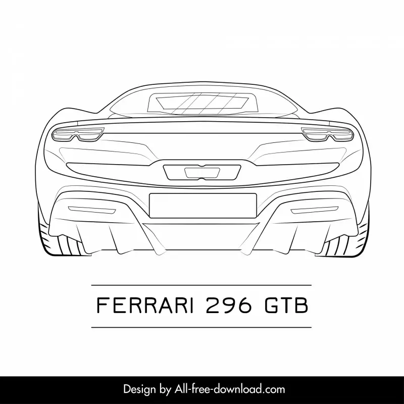 ferrari 296 gtb car model icon flat symmetric black white handdrawn back view outline