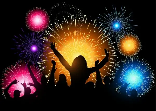 festive event background sparkling fireworks people silhouettes