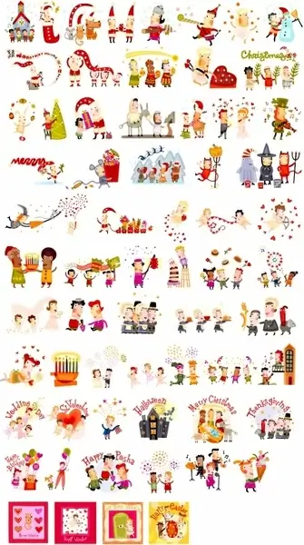 festive decor elements joyful characters colorful symbols sketch