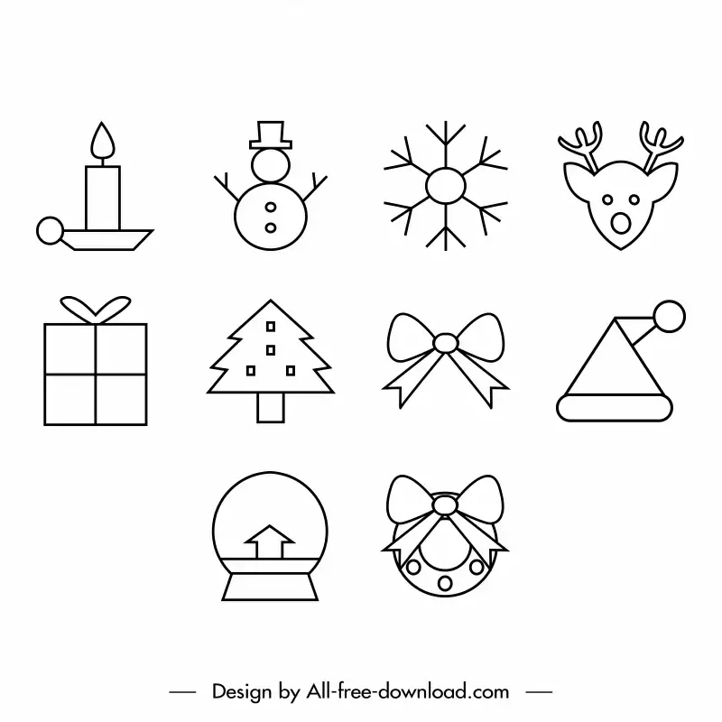 festive icons sets flat black white handdrawn symbols outline 