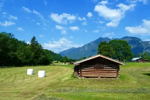 field hay balls log building