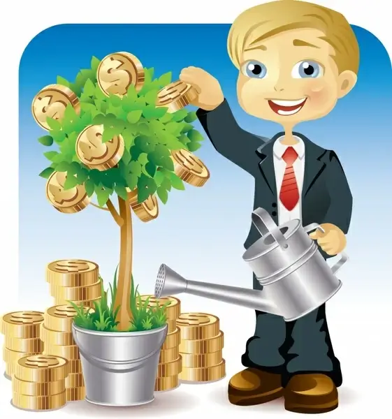 financial investment painting boy planting coins tree icon