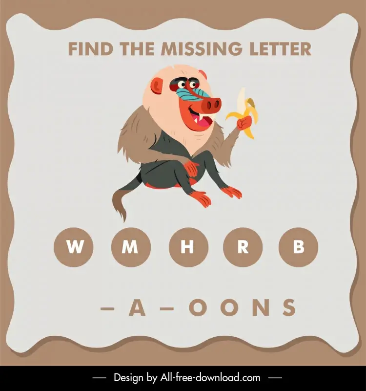 find the missing letter educational template funny baboon animal texts blank sketch