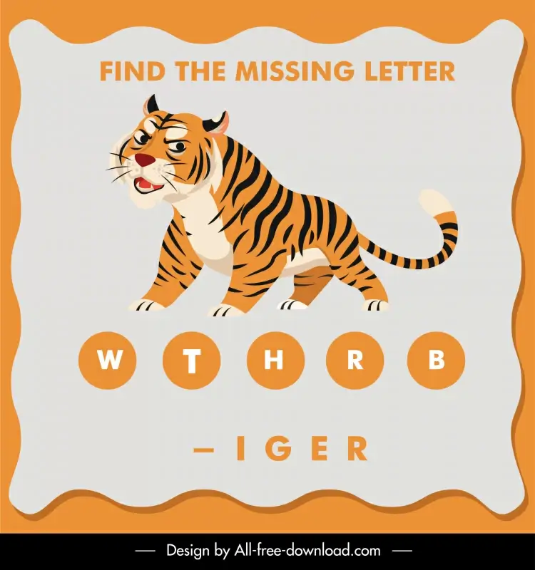 find the missing letter educational template tiger outline texts blank sketch