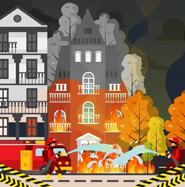 fire extinguish painting fireman burnt building cartoon design
