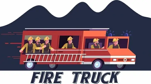 fire fighting banner truck firemen icons cartoon characters