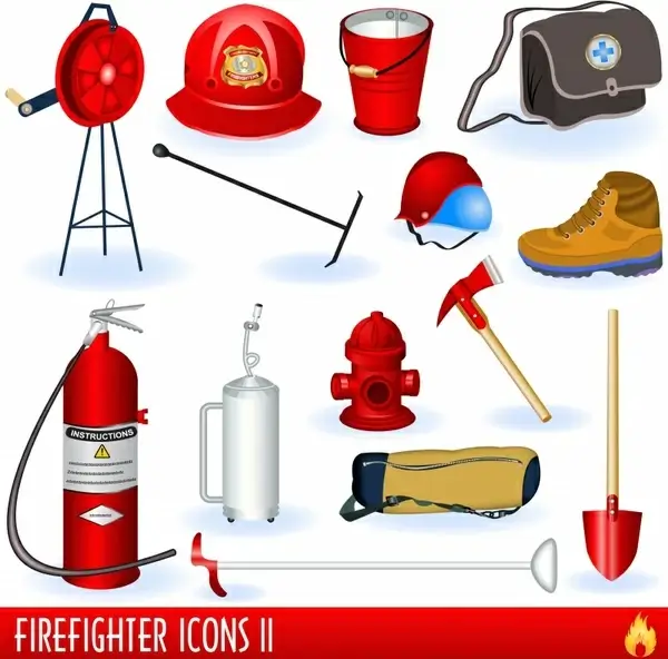 fire fighter tools icons colored modern 3d sketch