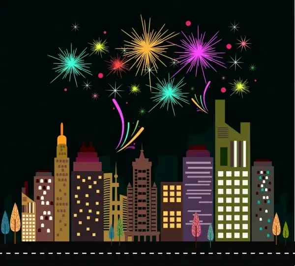 fireworks and city theme design colorful flat style