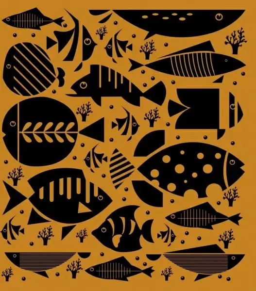 fishes background flat black icons sketch