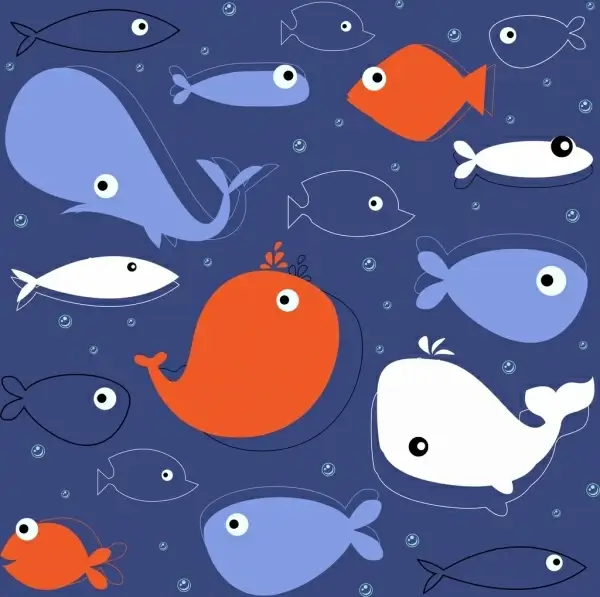 fishes background multicolored flat icons sketch 