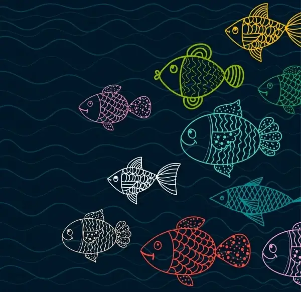 fishes drawing multicolored flat sketch
