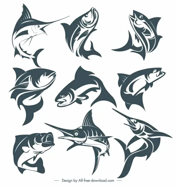 fishes species icons dynamic gestures handdrawn sketch