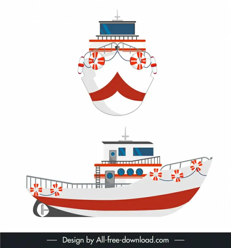 fishing boat icons bright red white side view front view sketch