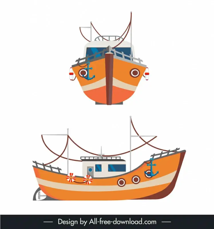 fishing  boat icons orange front view side view outline 